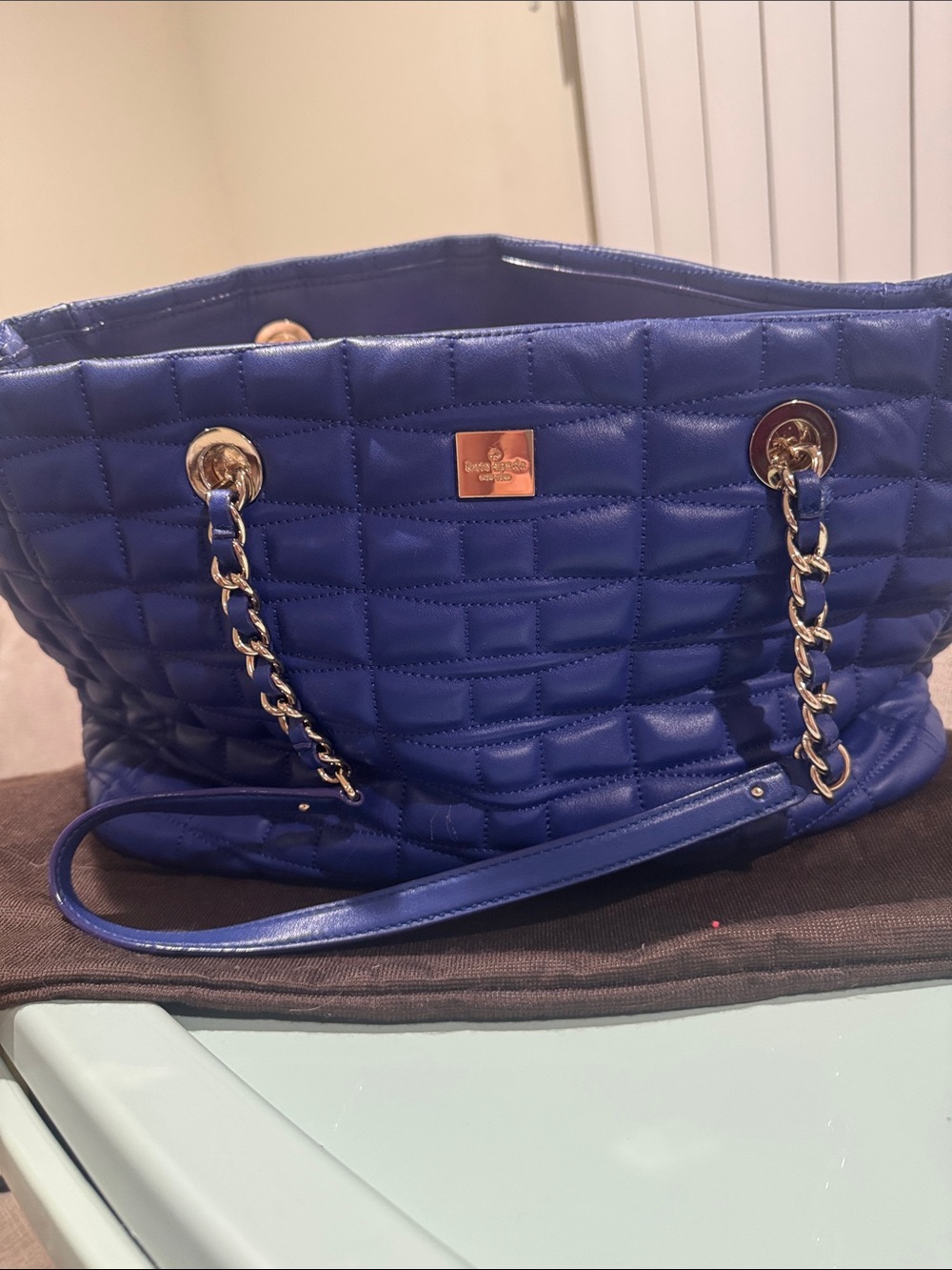 Kate Spade Quilted Blue Leather Tote with Chain Handles